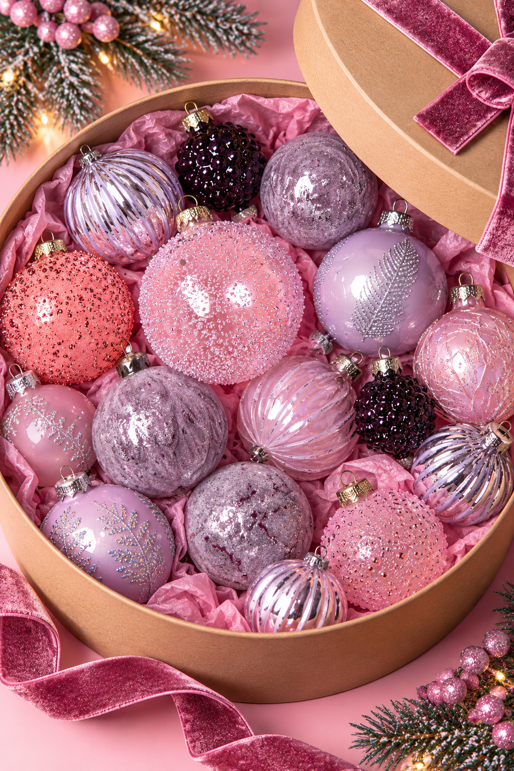 Caixa de Natal com Ornamentos Rosa e Lavanda Набор елочных игрушек "Вуаль нежности" — изображение 1